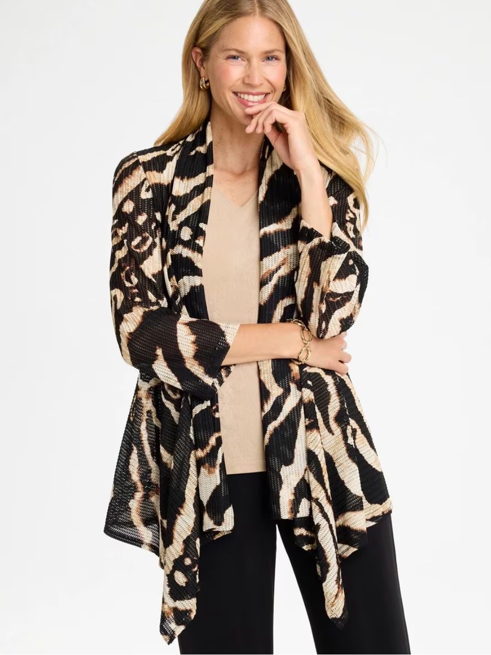 NWT Chico’s Travelers Safari Wheat Mesh Open Front Cardigan Animal Print Travel
